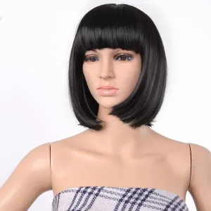 13 Inches Straight Heat Resistant Short Bob Full Hair Wigs with Flat Bangs