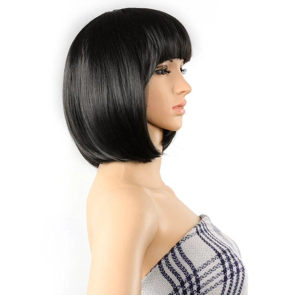 13 Inches Straight Heat Resistant Short Bob Full Hair Wigs with Flat Bangs