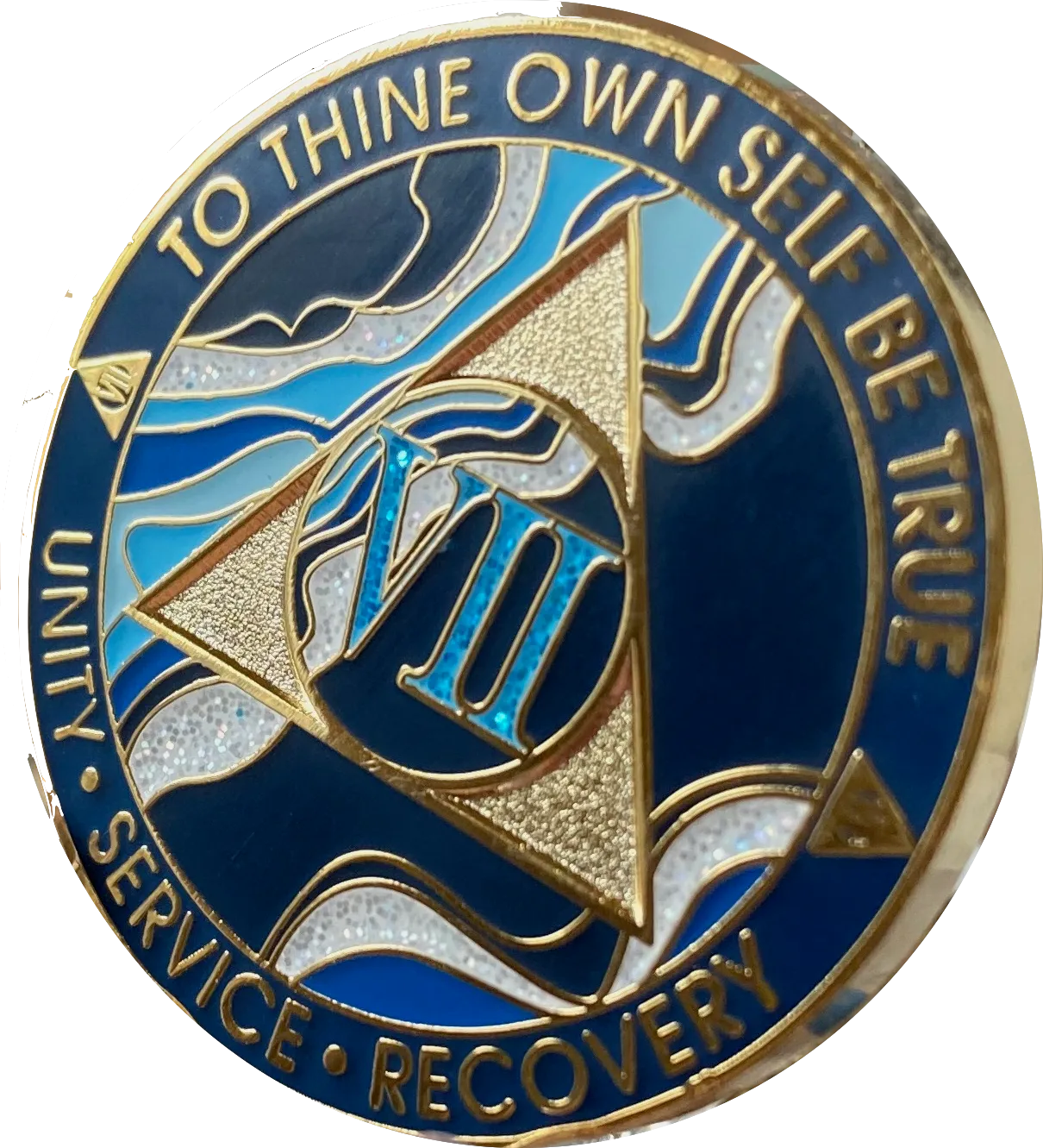 7 Year AA Medallion Elegant Navy Blue Marble Gold Sobriety Chip