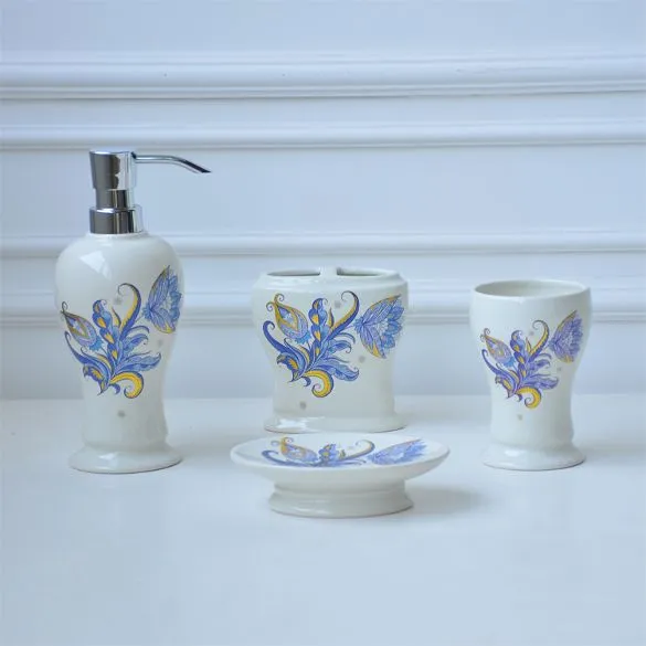 Blue, Yellow and Gold Ceramic Bathroom Accessory Set