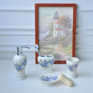 Blue, Yellow and Gold Ceramic Bathroom Accessory Set