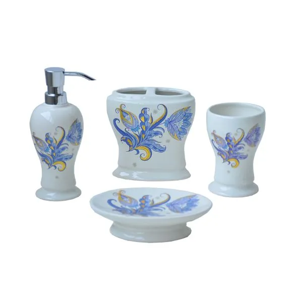 Blue, Yellow and Gold Ceramic Bathroom Accessory Set