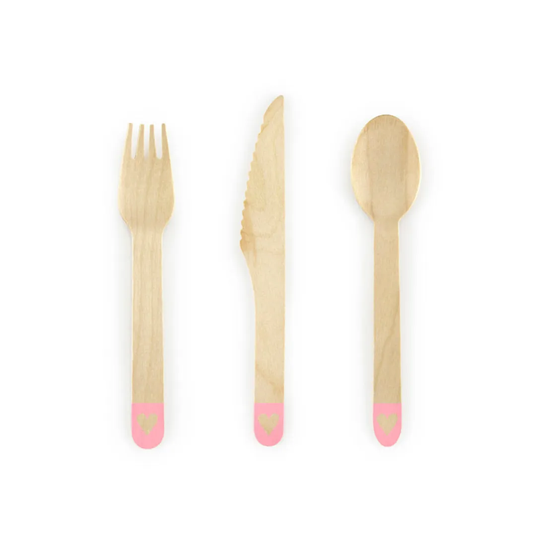 Blush Pink Hearts Wooden Cutlery - Pack of 18