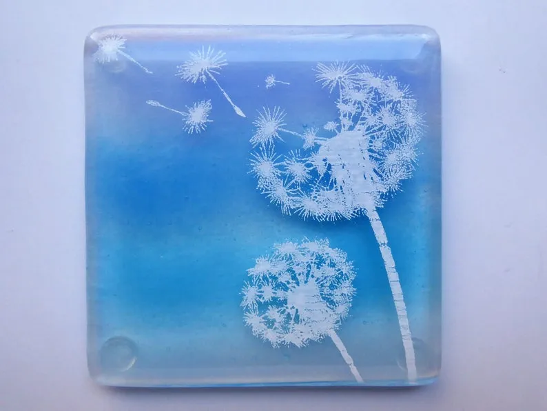 Eva Glass Design Blue and white dandelion fused glass coaster (EGD  CBD)