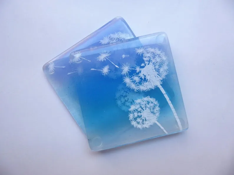 Eva Glass Design Blue and white dandelion fused glass coaster (EGD  CBD)