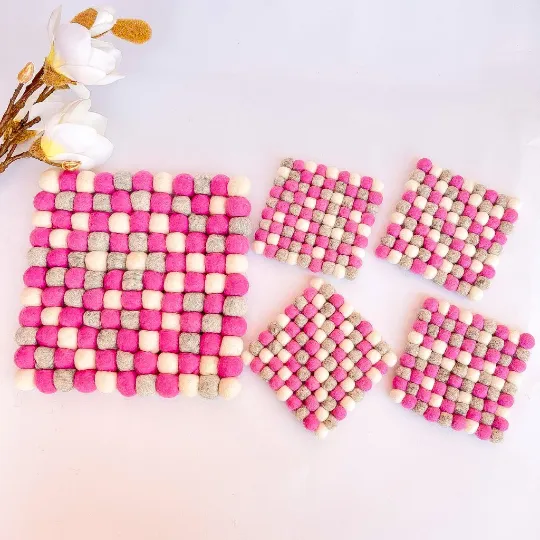 Handmade Felt Square  Trivet and Coaster Set