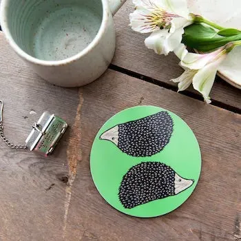 MELAMINE GREEN HEDGEHOG COASTER (ROUND)