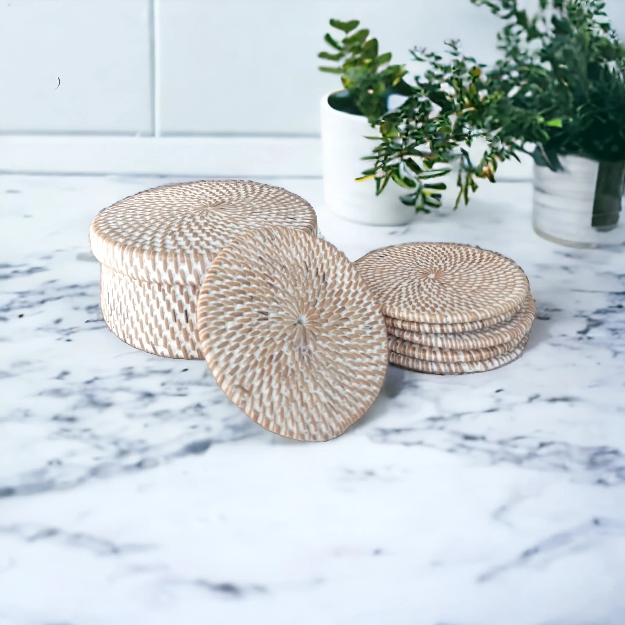 Rattan Coaster Set of 6pcs-White