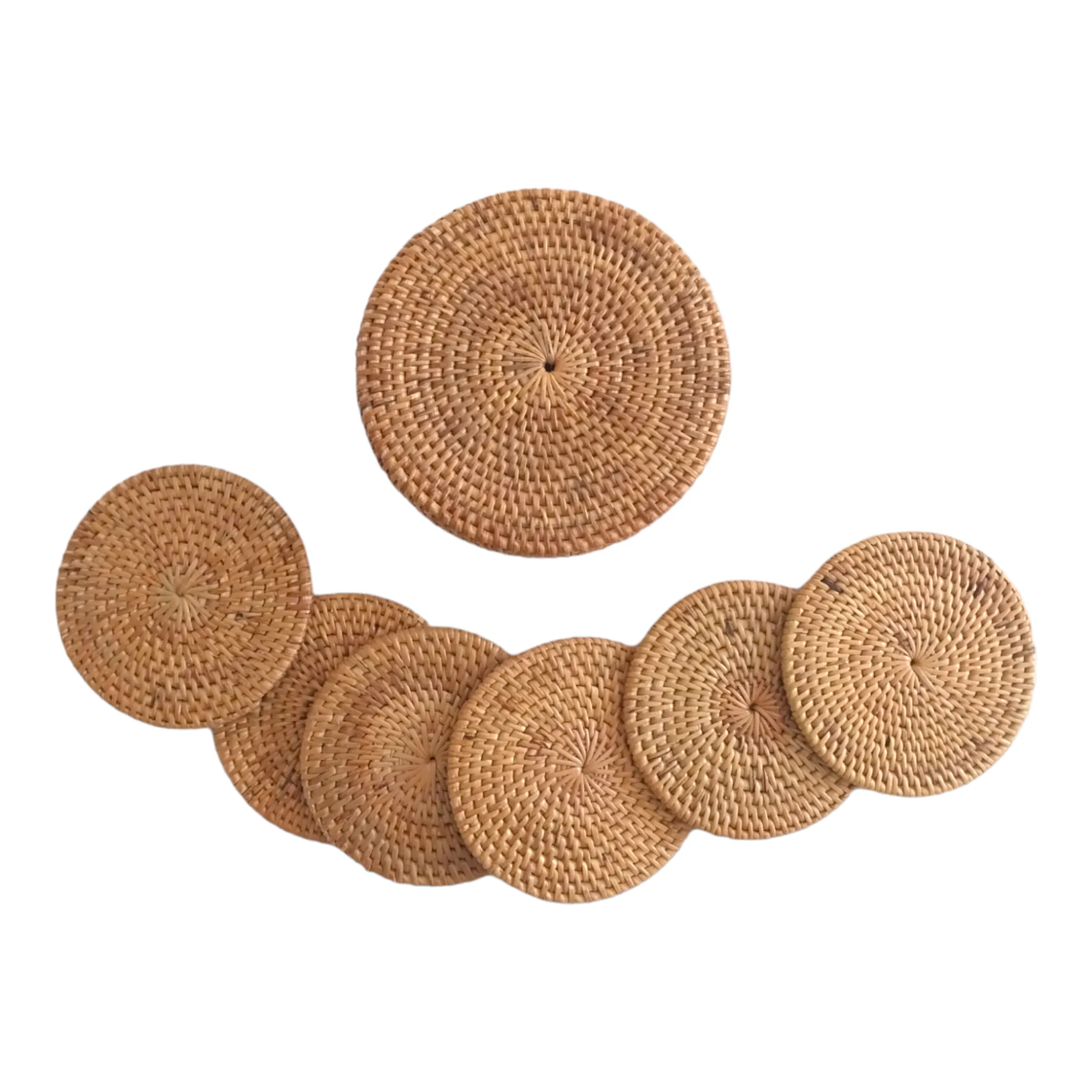 Rattan Round Coasters-with holder-Set of 6-Honey