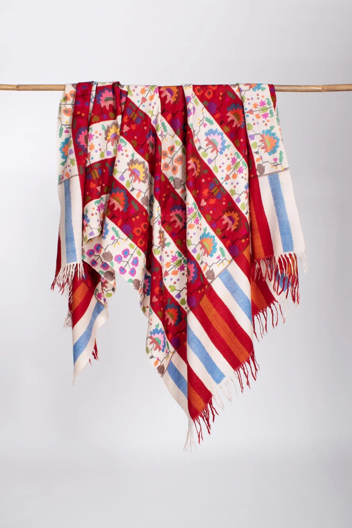 Red White Artistic Handloomed Kani Pashmina Shawl - AYLESBURY