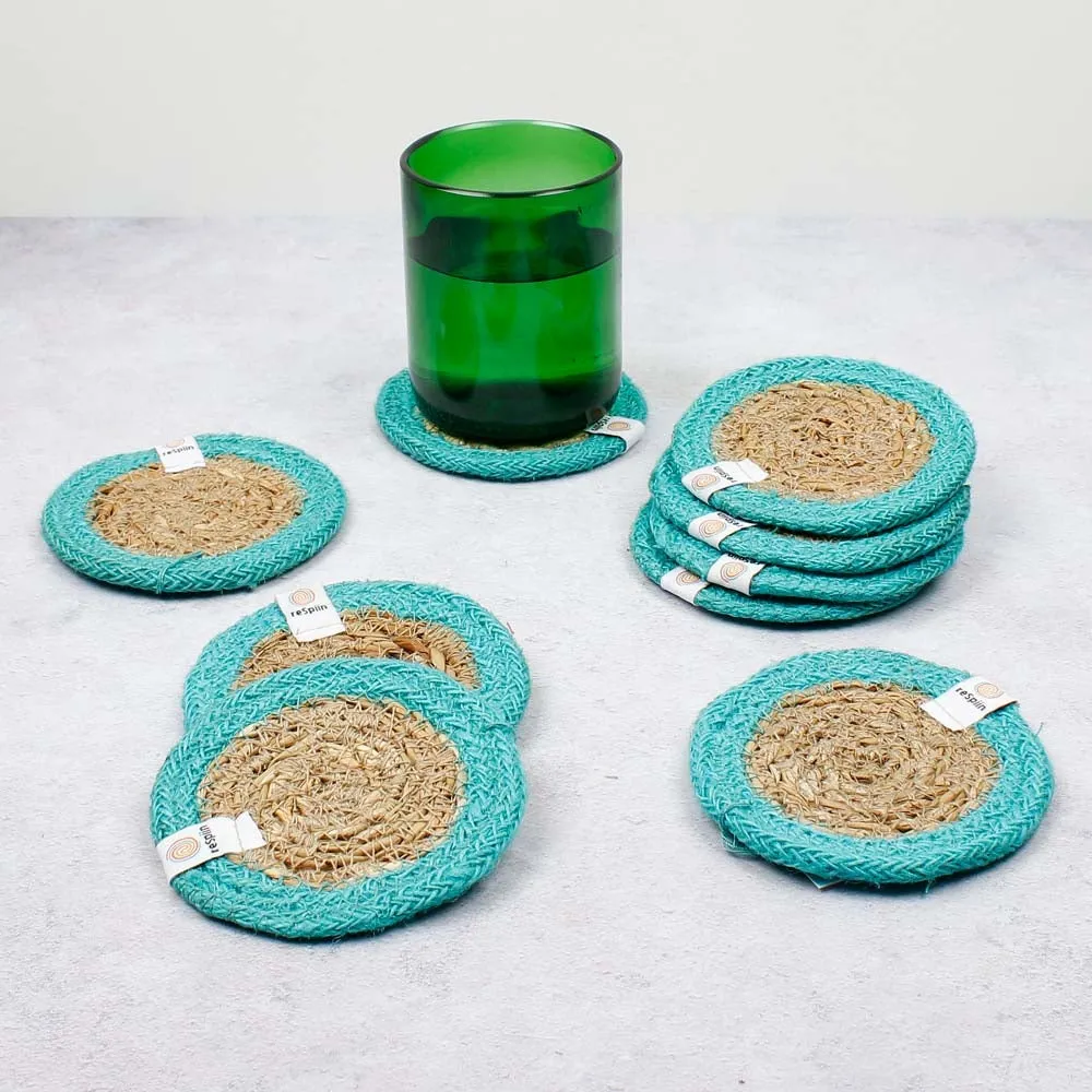 ReSpiin Jute & Seagrass Coaster - Turquoise