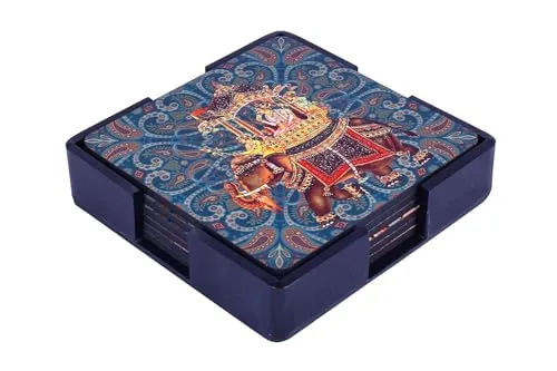 Traditional Indian Decorative Coasters with Floral and Figurine Motifs, Set of 6, 10cm x 10cm