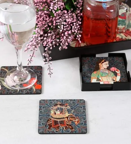 Traditional Indian Decorative Coasters with Floral and Figurine Motifs, Set of 6, 10cm x 10cm