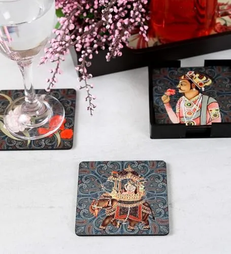 Traditional Indian Decorative Coasters with Floral and Figurine Motifs, Set of 6, 10cm x 10cm