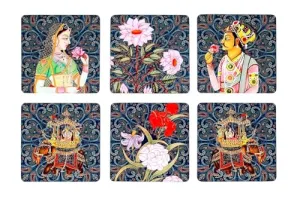 Traditional Indian Decorative Coasters with Floral and Figurine Motifs, Set of 6, 10cm x 10cm