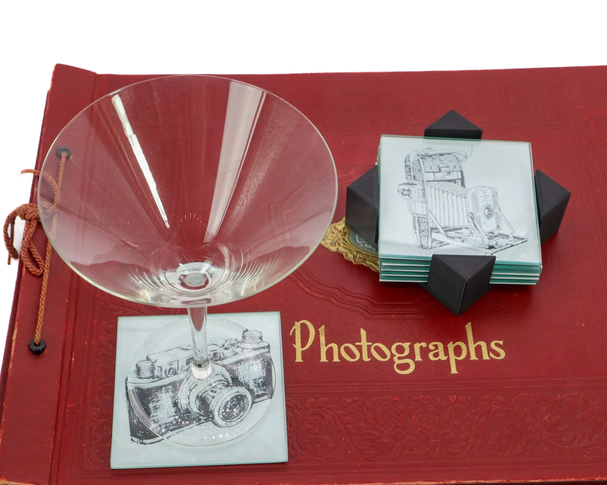 Vintage Camera Coaster Set for Drinks with Holder, Barware, Set of 4 or 6